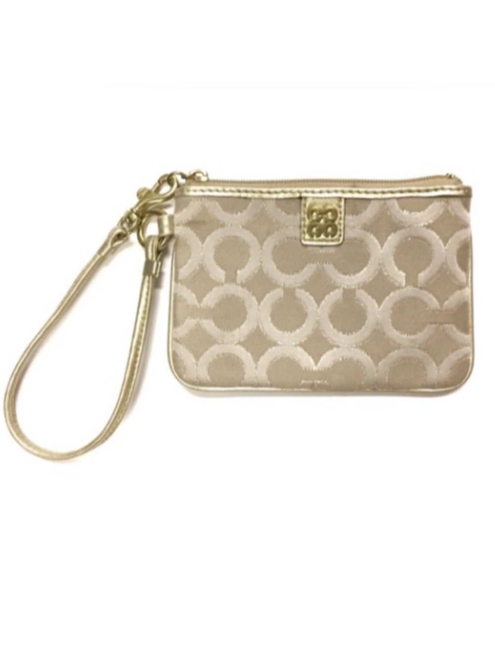 Coach Julia Op Art Signature Gold Light Khaki Beige Canvas Small Print Wristlet